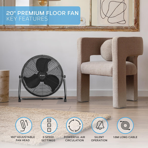 Air Pro 20" Floor Fan - Powerful Air Cooling & Circulating Fan with 3 Speed Setting & Adjustable Tilt - Indoor Home, Office, Gym Fan Quiet Portable