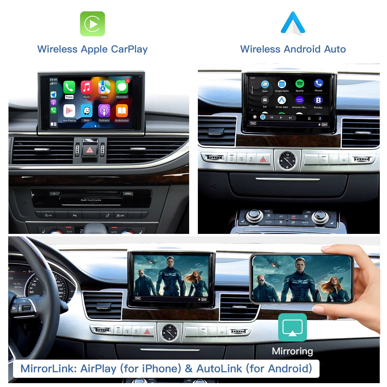 CARABC Wireless CarPlay Android AUTO for Audi A4/A5/Q5/S4/S5/A6/A7 Module supports OEM and retrofit rearview camera