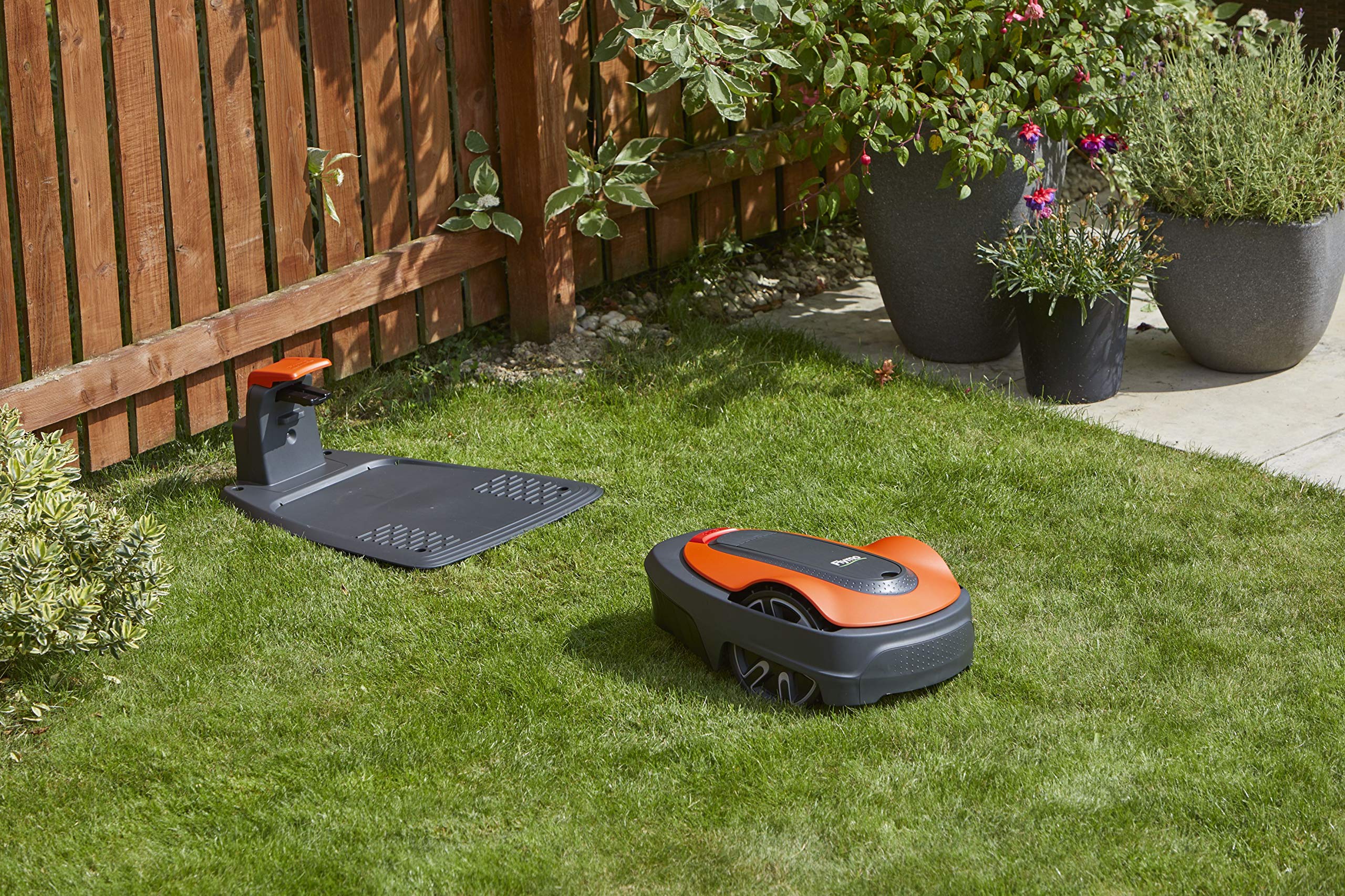 Flymo EasiLife 250 GO Robotic Lawn Mower - Cuts Up to 250 sq m, Ultra Quiet Mowing, Manicured Lawn, Bluetooth Application Control, Safety Sensors, Hose Washable, Lifestyle Functions, Orange and Grey