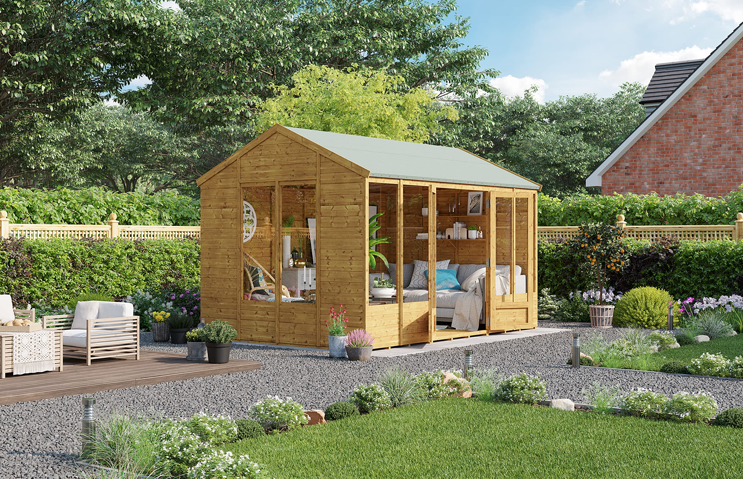 BillyOh Petra 12x10 Reverse Apex Summer House Shed, Log Cabin | Wooden Garden Room with Wide Double Doors, Tear Resistant Felt, Tongue and Groove Construction | Versatile Tiny Home or Garden Office