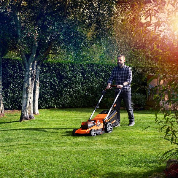 LawnMaster 48V 46cm Cordless Lawnmower with a Set of 2 MX 24V 4.0Ah Batteries, 2x Fast Chargers, Rear Roller, Grass Side Eject and Mulching Function. Battery Lawnmower for Larger Lawns.