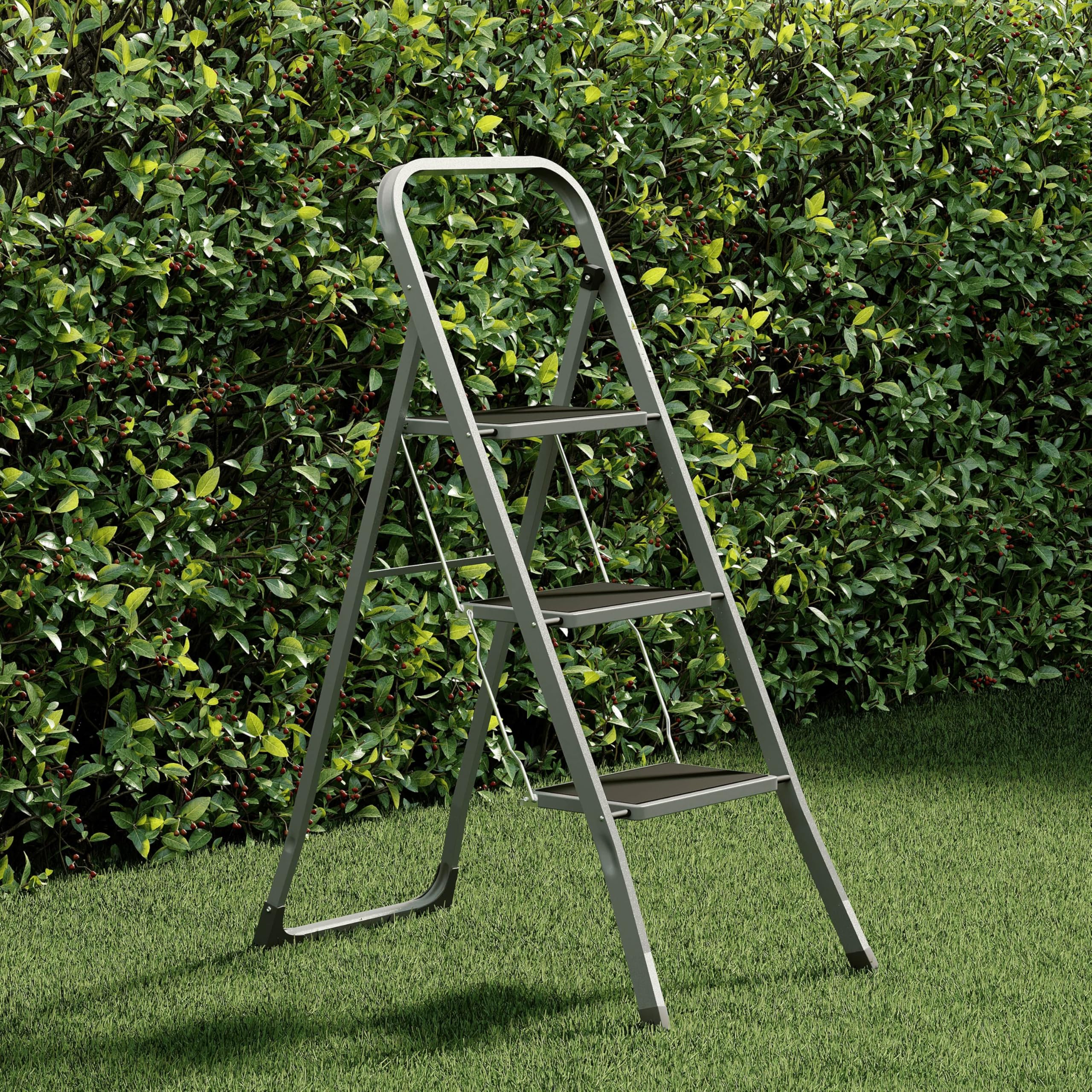 Home Vida 3 Step Ladder - Heavy Duty Steel Folding Ladder with Slip-Resistant and Wide Steps, Folding Mechanism, 150kg Max Load, Home/Kitchen/DIY/Garden Use, White