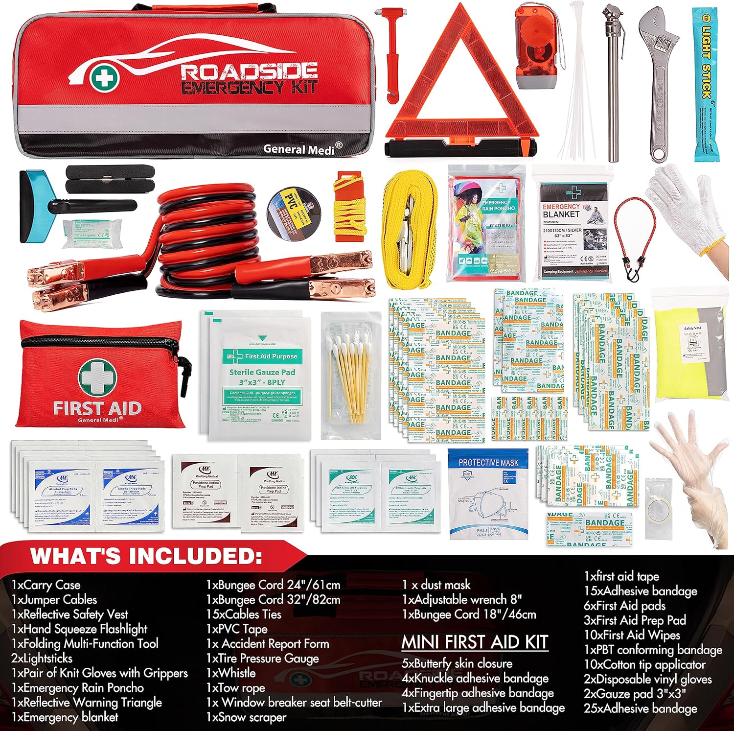General Medi 127-Pieces Roadside Car Emergency Kit Include Mini First Aid Kit, Jumper Cables,Tow Rope, Bandage, Safety Vest, Emergency Triangle, All in One Pack