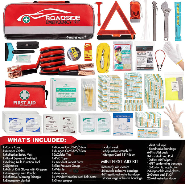 General Medi 127-Pieces Roadside Car Emergency Kit Include Mini First Aid Kit, Jumper Cables,Tow Rope, Bandage, Safety Vest, Emergency Triangle, All in One Pack
