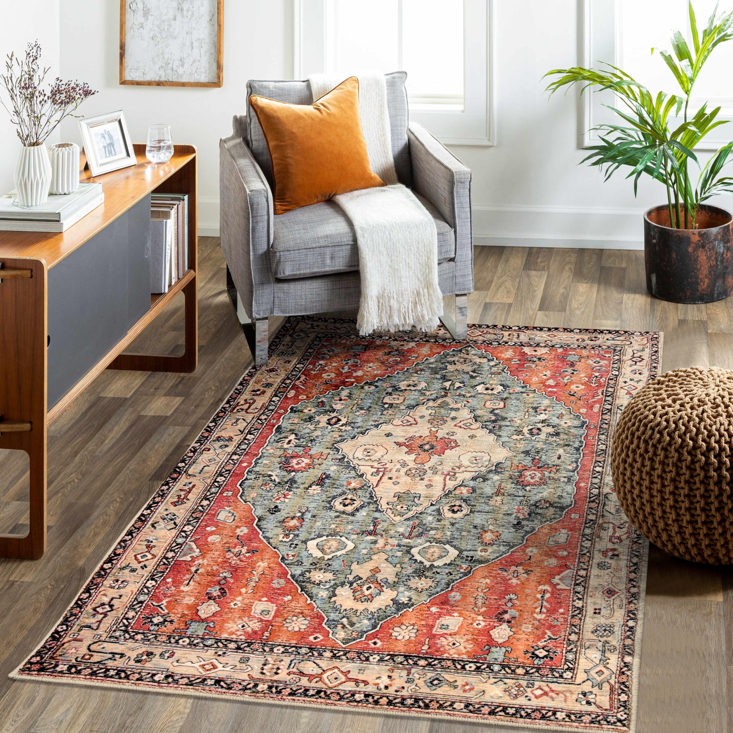 Boho Tribal Area Rug 90x150cm, KIMODE Distressed Entry Throw Rug Bohemian Faux Wool Indoor Accent Rug Non-Slip Washable Low-Pile Carpet for Entrance