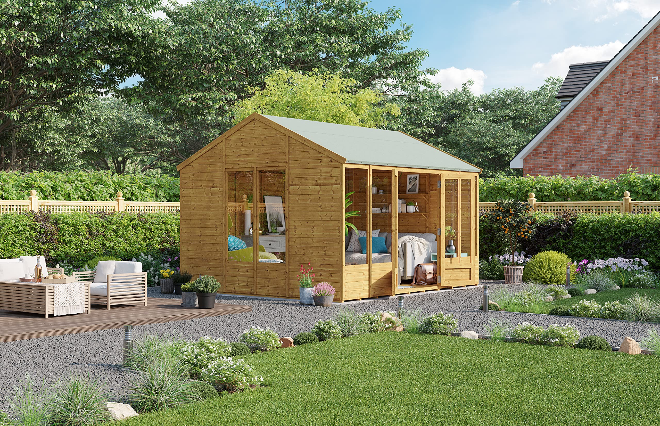BillyOh Petra 12x10 Reverse Apex Summer House Shed, Log Cabin | Wooden Garden Room with Wide Double Doors, Tear Resistant Felt, Tongue and Groove Construction | Versatile Tiny Home or Garden Office