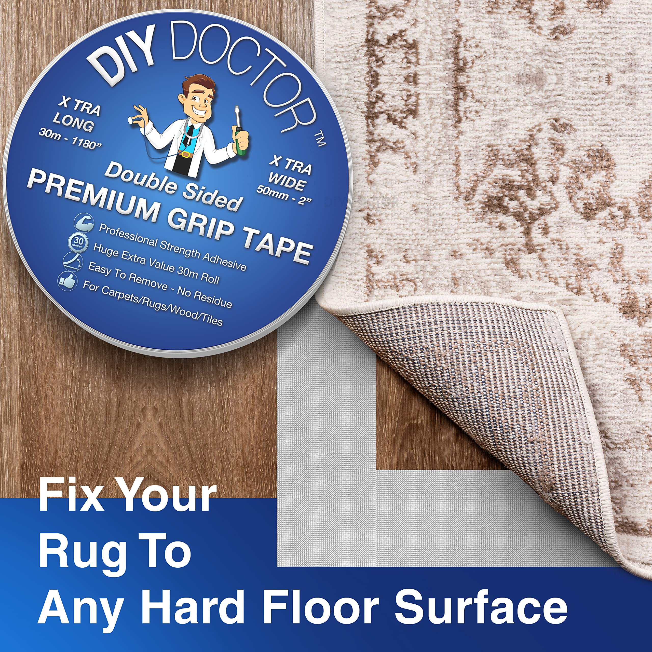 DIY Doctor Heavy Duty Double Sided Carpet Tape – 20m long x 21mm wide, No Residue Extra Strong Sticky Rug Grip Adhesive Tape, Ideal for Home & Professional Use