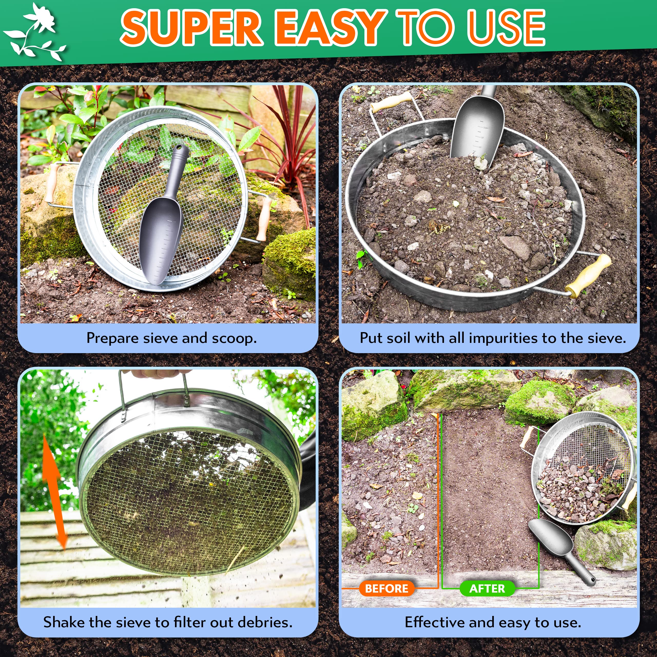 IDSWorld Galvanized Garden Sieve Compost Dirt Soil Shifter Round Riddle Screen Pan Strong Mesh Wooden Handles with Plastic Gardening Scoop