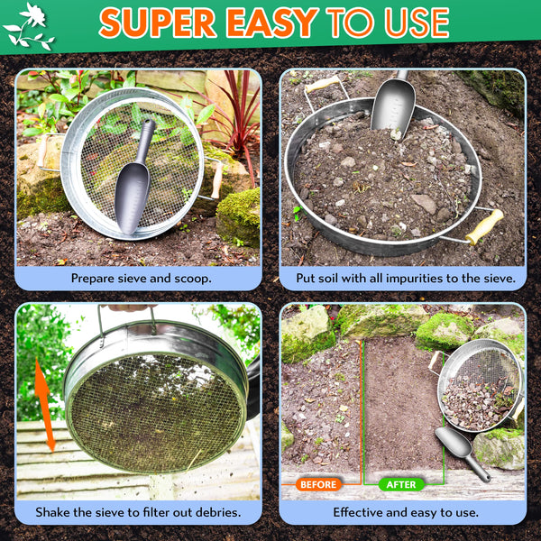 IDSWorld Galvanized Garden Sieve Compost Dirt Soil Shifter Round Riddle Screen Pan Strong Mesh Wooden Handles with Plastic Gardening Scoop