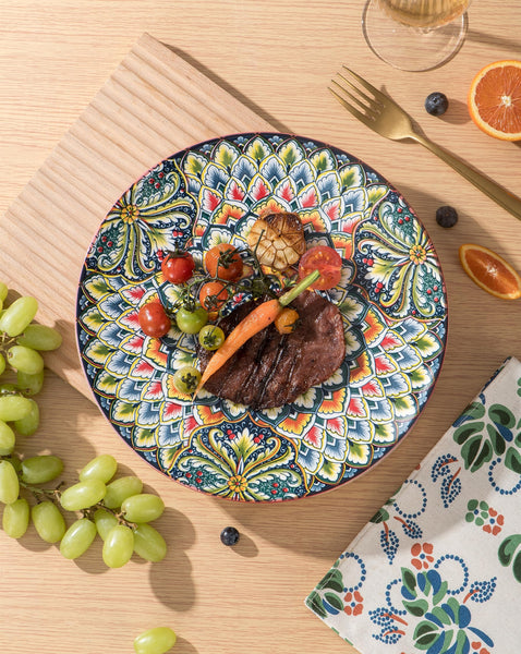 Henten Home Plates Set - 10 Inch, Porcelain Large Dinning Round Plates Set of 6, Round Plate for Breakfast/Dessert with Pattern - Bohemian Style