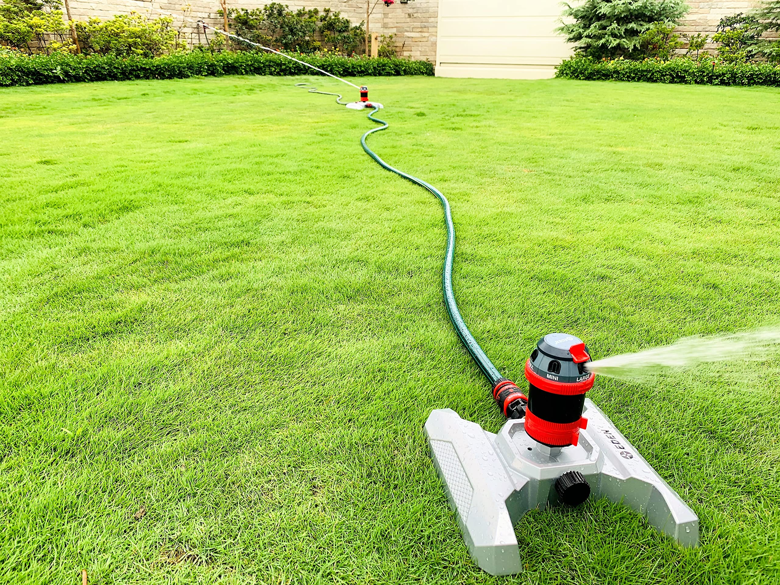 Eden 96122 Metal Adjustable 6-Pattern Mobile Rotary Gear Drive Garden Sprinkler for Yard W/Quick Connect Starter Set, Waters up to 80 ft. in Diameter