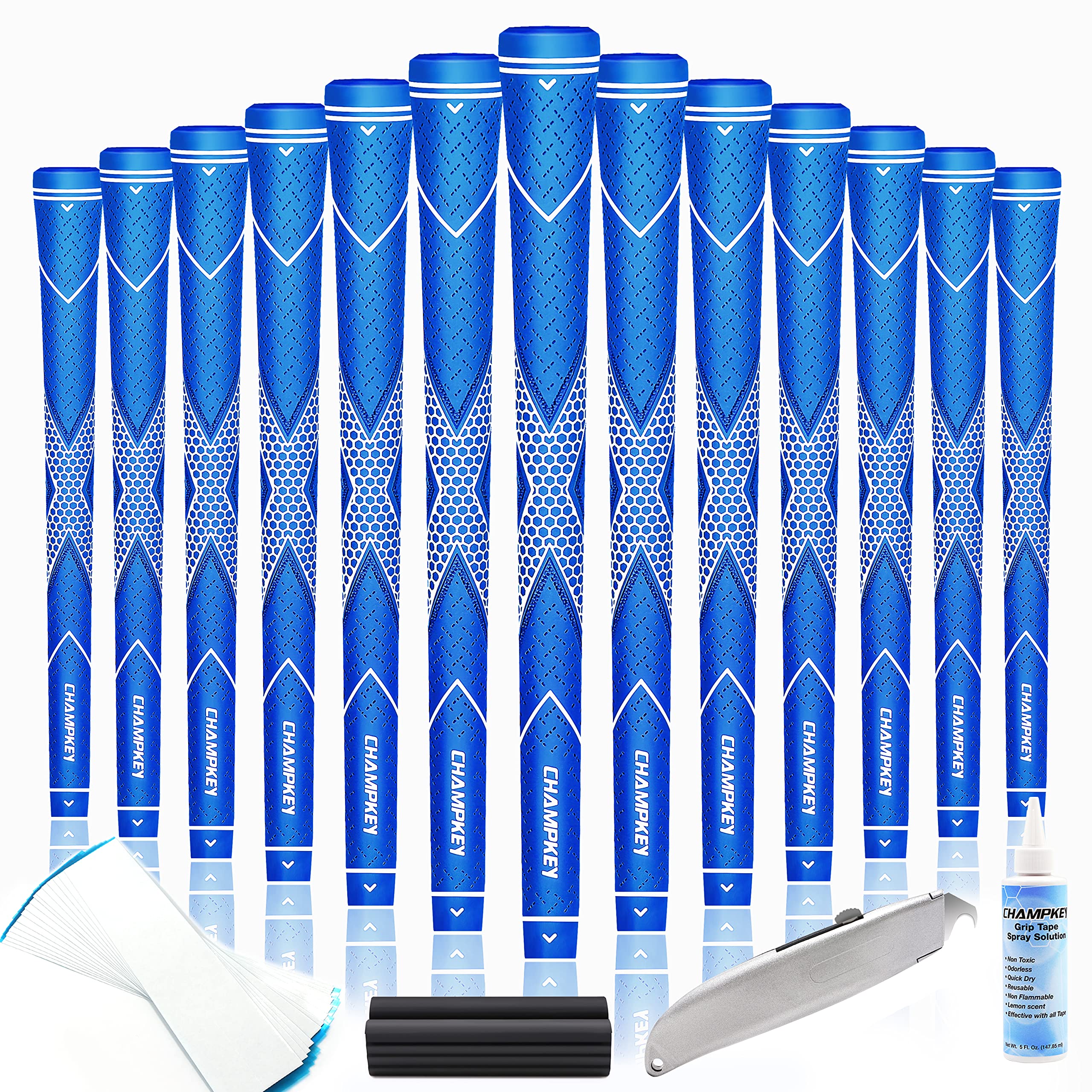 CHAMPKEY Premium Rubber Golf Grips 13 Pack | High Traction and Feedback Rubber Golf Club Grips - All Repair Kits (Blue&White, Midsize)