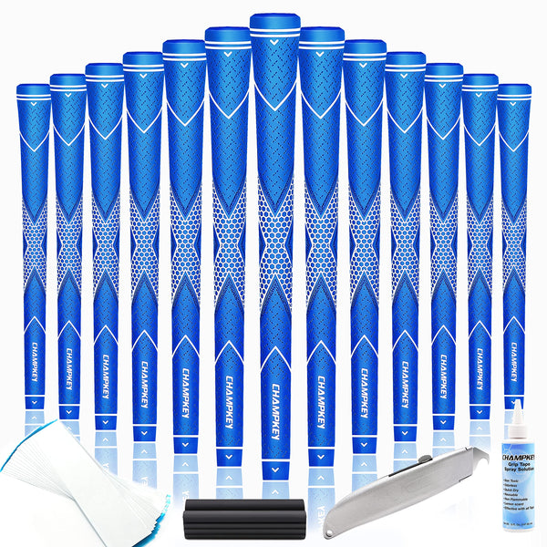 CHAMPKEY Premium Rubber Golf Grips 13 Pack | High Traction and Feedback Rubber Golf Club Grips - All Repair Kits (Blue&White, Standard)
