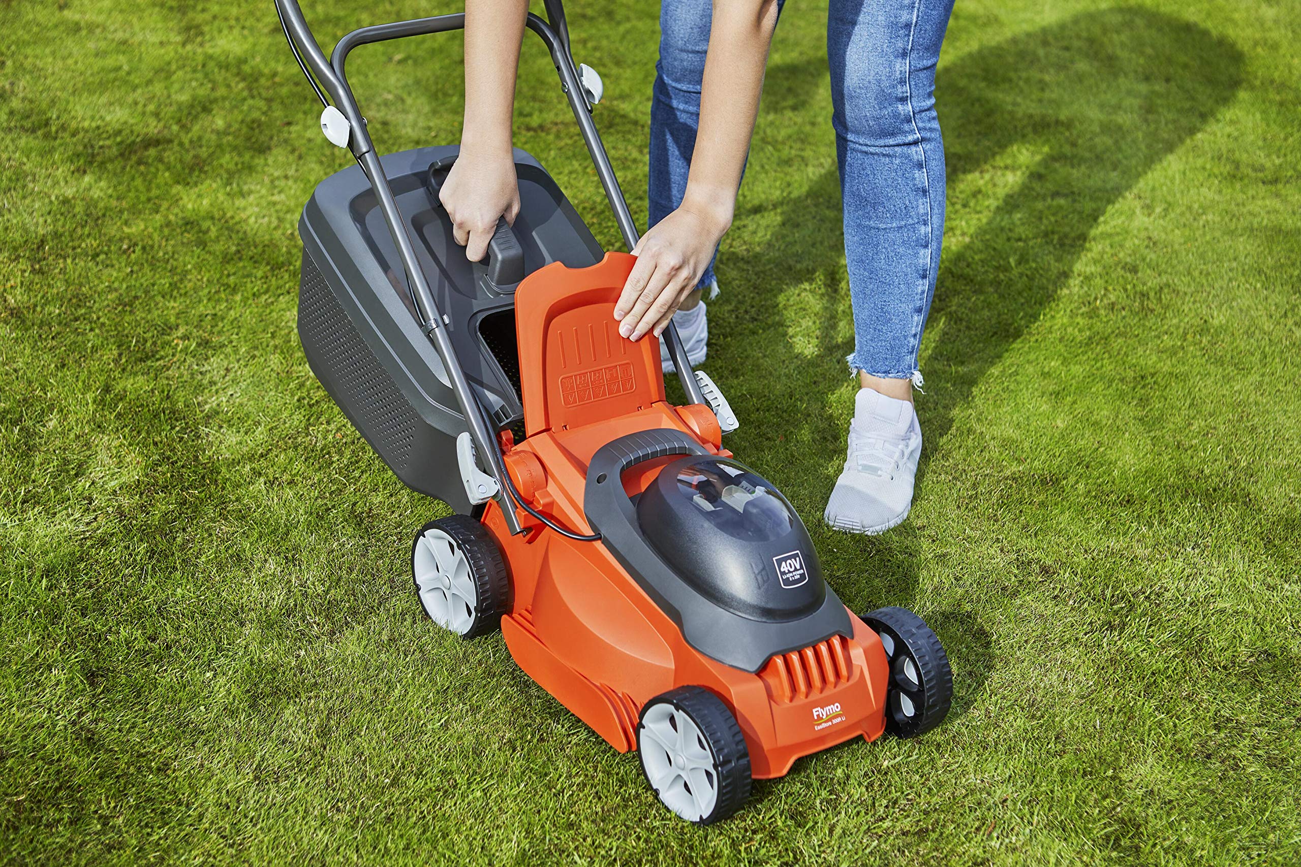 Flymo EasiStore 380R Electric Rotary Lawn Mower - 38 cm Cutting Width, 45 Litre Grass Box, Close Edge Cutting, Rear Roller, Central Height Adjust, Space Saving Storage Features