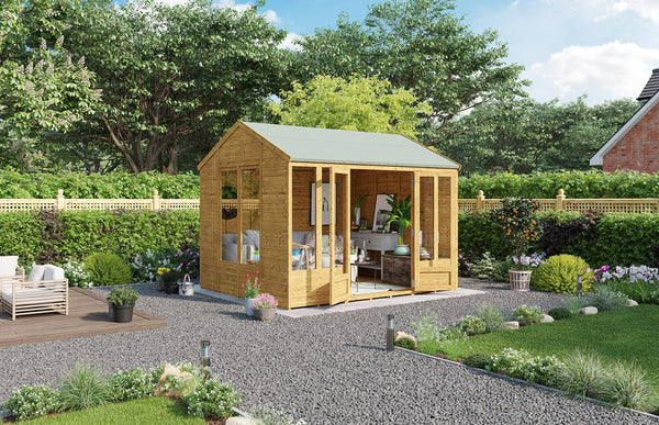 BillyOh Petra 12x10 Reverse Apex Summer House Shed, Log Cabin | Wooden Garden Room with Wide Double Doors, Tear Resistant Felt, Tongue and Groove Construction | Versatile Tiny Home or Garden Office