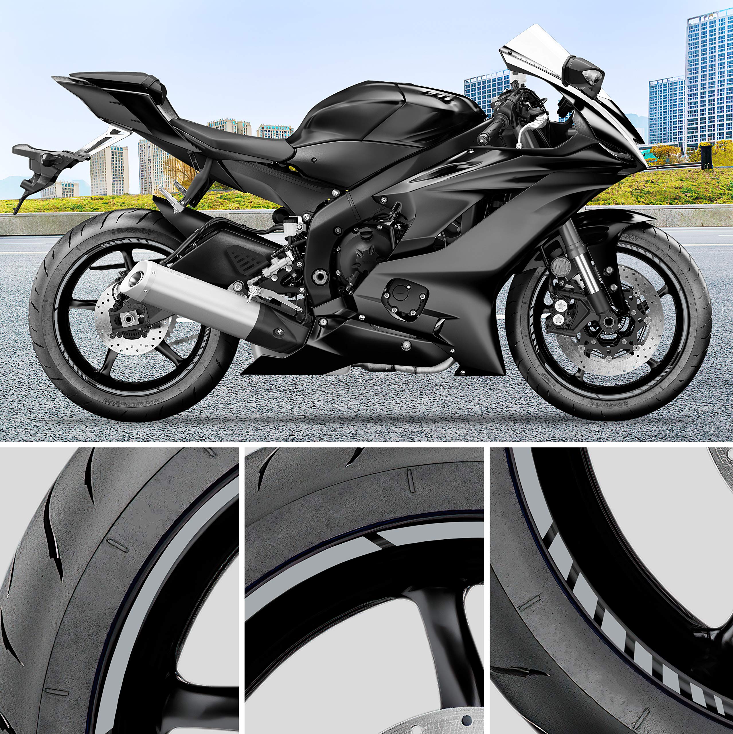 Pack 6 Units Wheel Rim Stickers Desing Sport | Complete set for 2 Motorcycle Wheel Stripes 15" to 19" Resistant Rain and UV | Motorbike Stickers Black