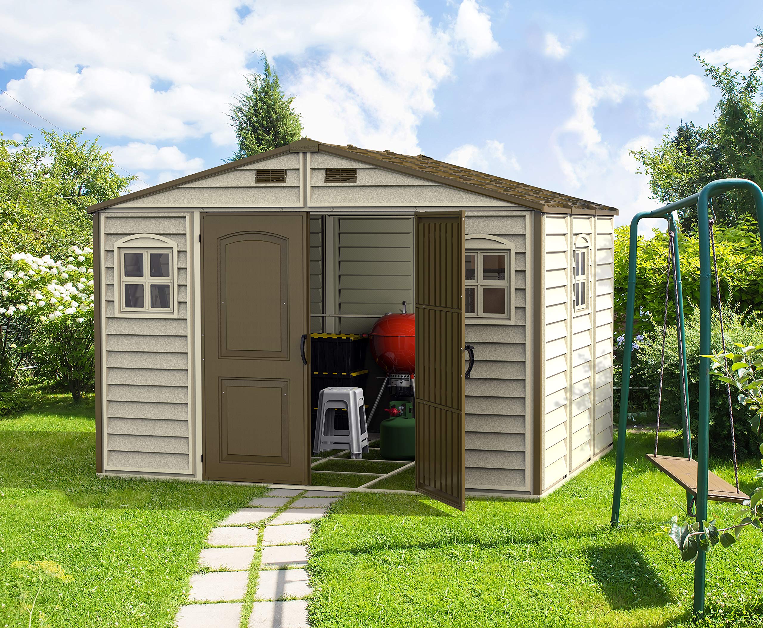 Duramax WoodSide 10 x 8 (8.02 m2) Plastic Garden Shed with 3 Fixed Windows & Metal Foundation Kit, Strong Metal Roof Structure Fire Retardant and Maintenance-Free Storage Shed - Ivory/Brown