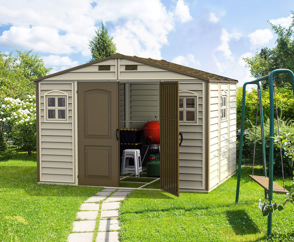 Duramax WoodSide 10 x 8 (8.02 m2) Plastic Garden Shed with 3 Fixed Windows & Metal Foundation Kit, Strong Metal Roof Structure Fire Retardant and Maintenance-Free Storage Shed - Ivory/Brown
