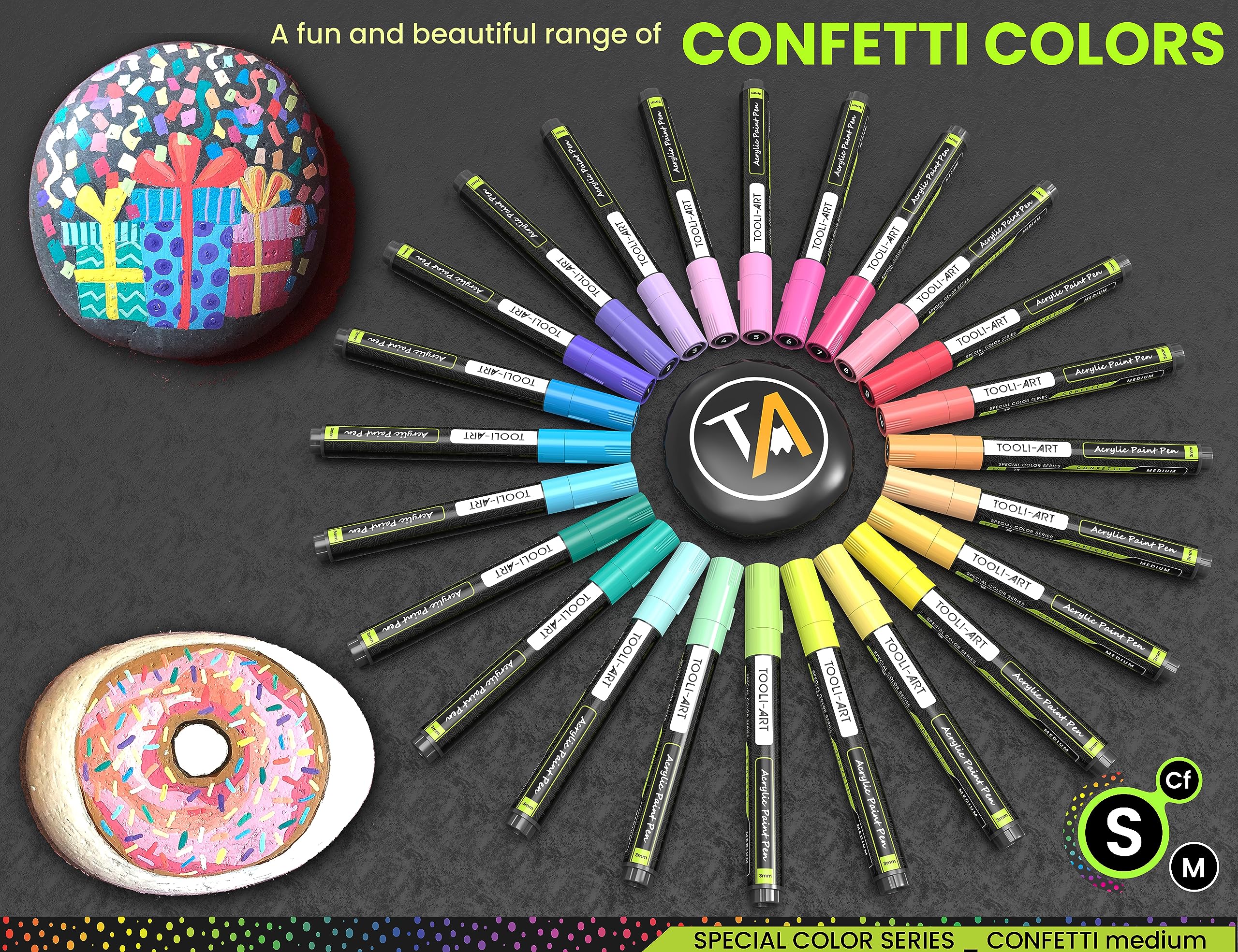 24 Confetti Colours Acrylic Paint Pens Markers Set 3mm Medium Tip, Rock Painting, Glass, Mugs, Wood, Metal, Canvas, Pottery, Plastic, DIY Projects,