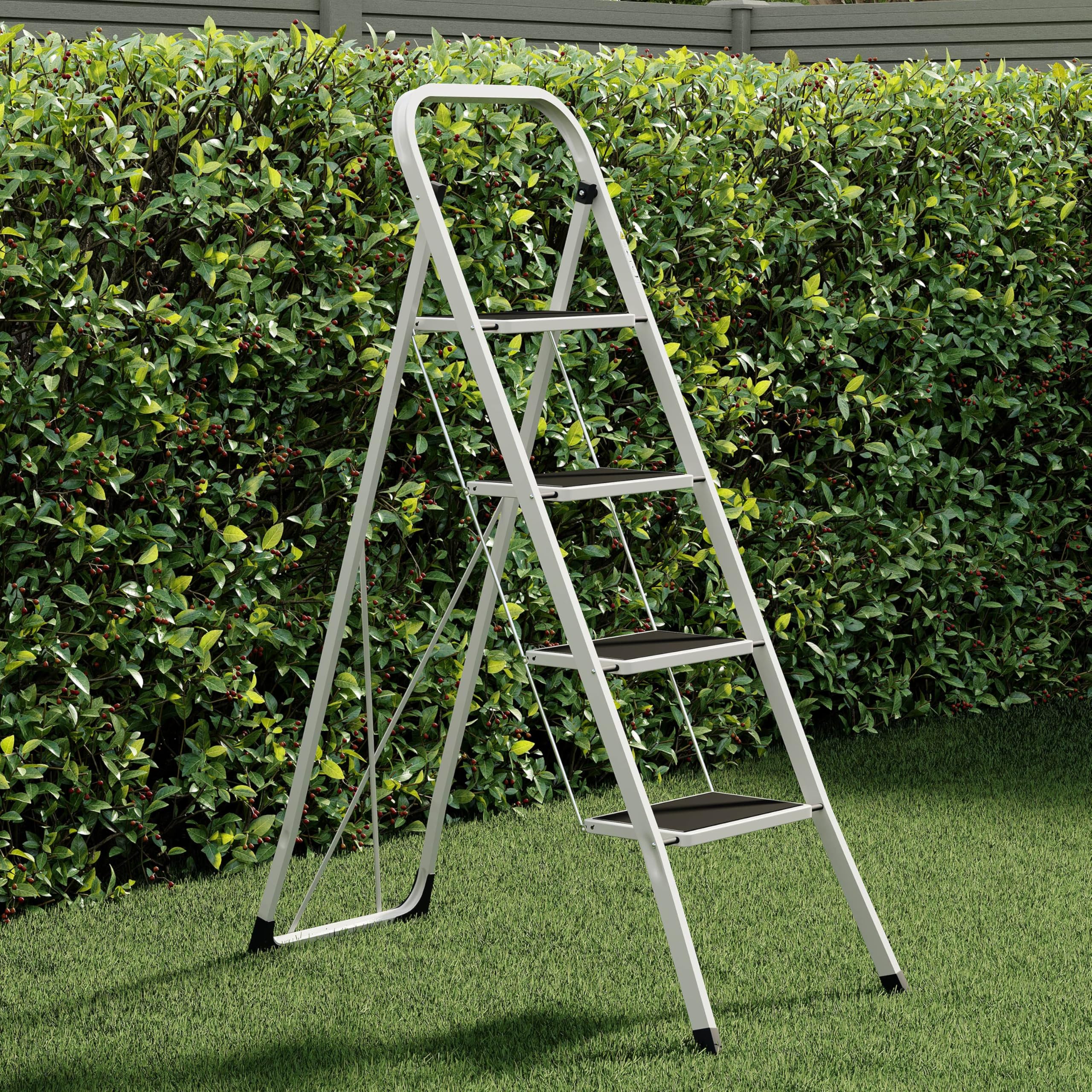 Home Vida 3 Step Ladder - Heavy Duty Steel Folding Ladder with Slip-Resistant and Wide Steps, Folding Mechanism, 150kg Max Load, Home/Kitchen/DIY/Garden Use, White