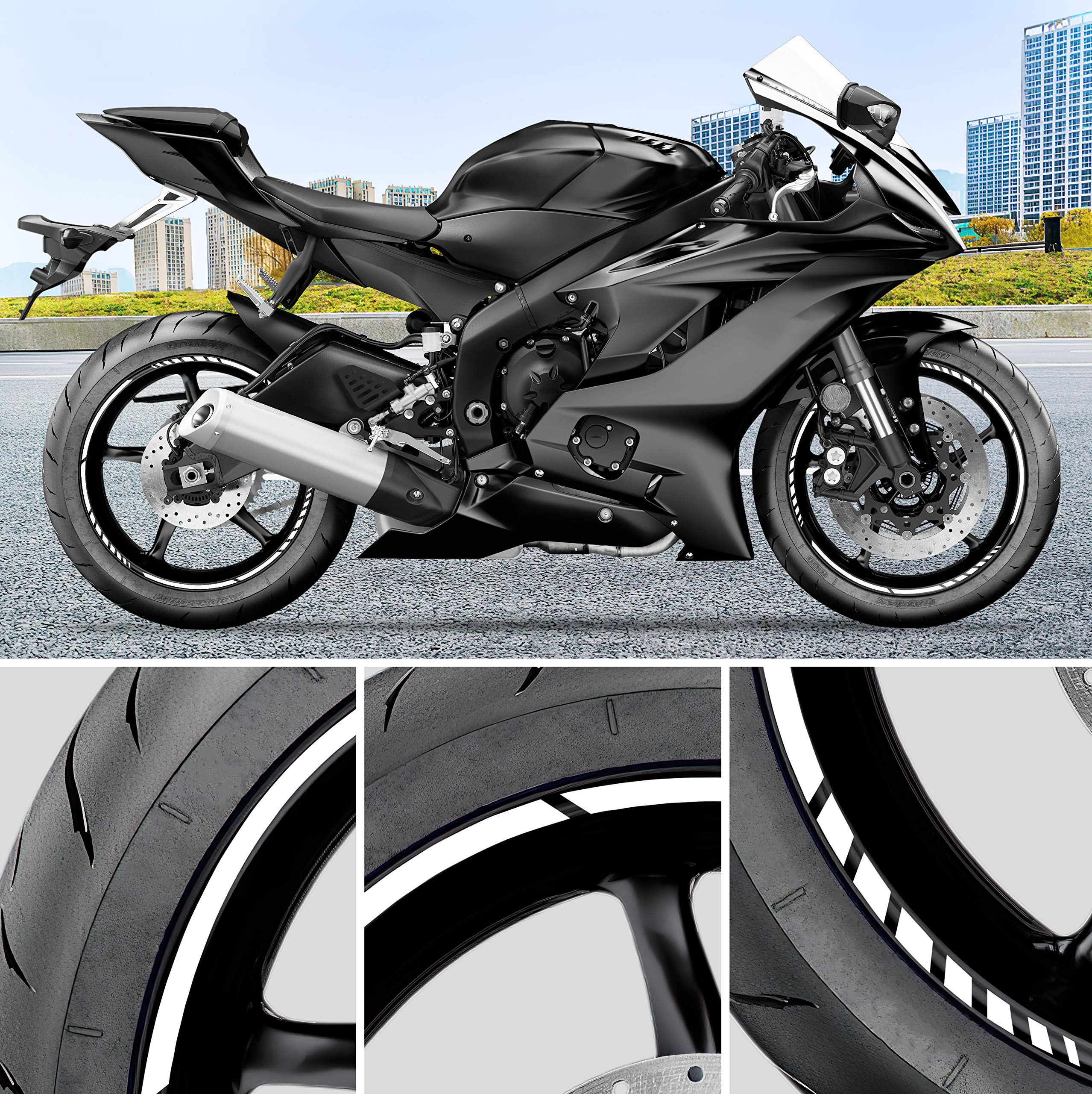 Pack 6 Units Wheel Rim Stickers Desing Sport | Complete set for 2 Motorcycle Wheel Stripes 15" to 19" Resistant Rain and UV | Motorbike Stickers Black