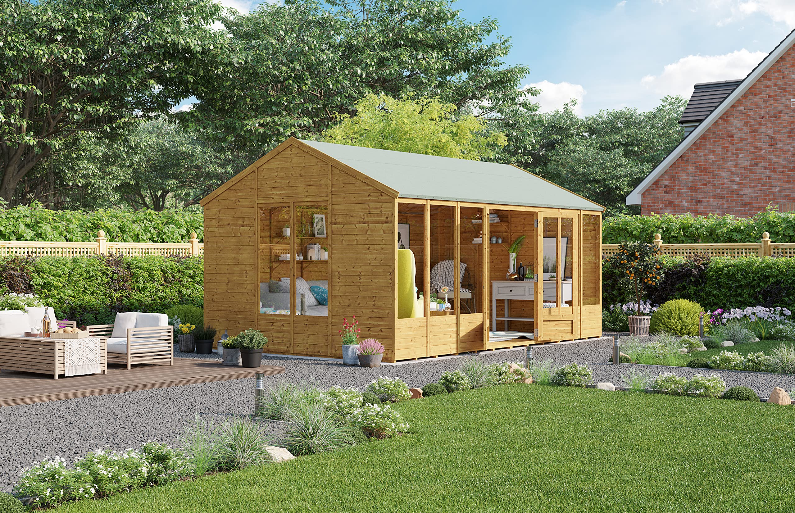 BillyOh Petra 12x10 Reverse Apex Summer House Shed, Log Cabin | Wooden Garden Room with Wide Double Doors, Tear Resistant Felt, Tongue and Groove Construction | Versatile Tiny Home or Garden Office
