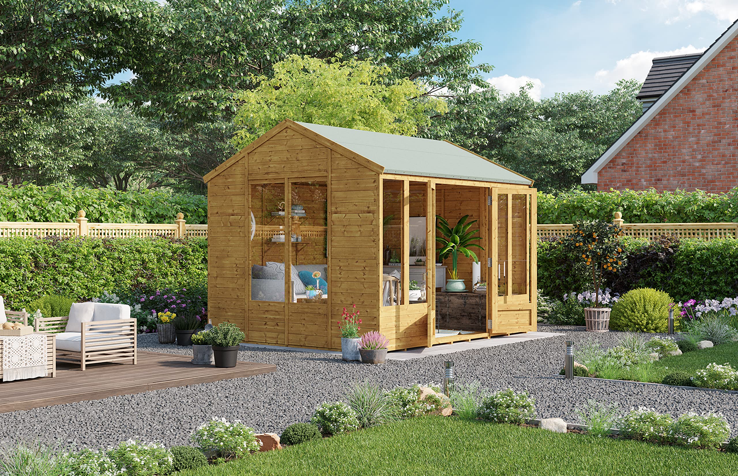BillyOh Petra 12x10 Reverse Apex Summer House Shed, Log Cabin | Wooden Garden Room with Wide Double Doors, Tear Resistant Felt, Tongue and Groove Construction | Versatile Tiny Home or Garden Office