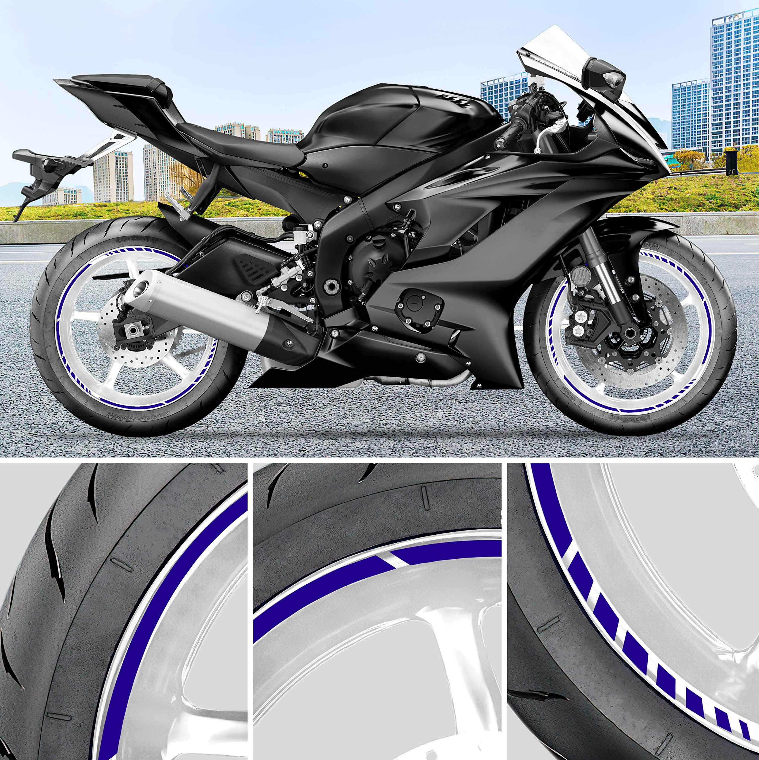 Pack 6 Units Wheel Rim Stickers Desing Sport | Complete set for 2 Motorcycle Wheel Stripes 15" to 19" Resistant Rain and UV | Motorbike Stickers Black