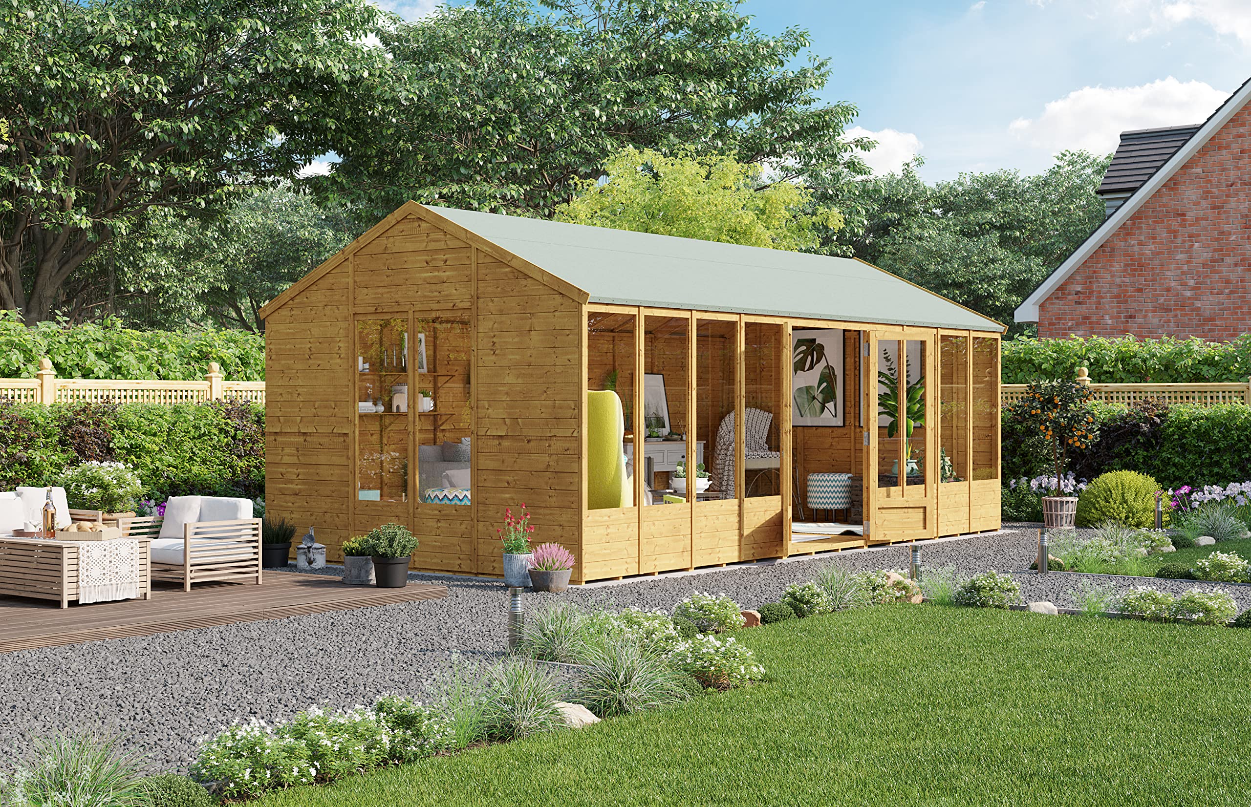 BillyOh Petra 12x10 Reverse Apex Summer House Shed, Log Cabin | Wooden Garden Room with Wide Double Doors, Tear Resistant Felt, Tongue and Groove Construction | Versatile Tiny Home or Garden Office