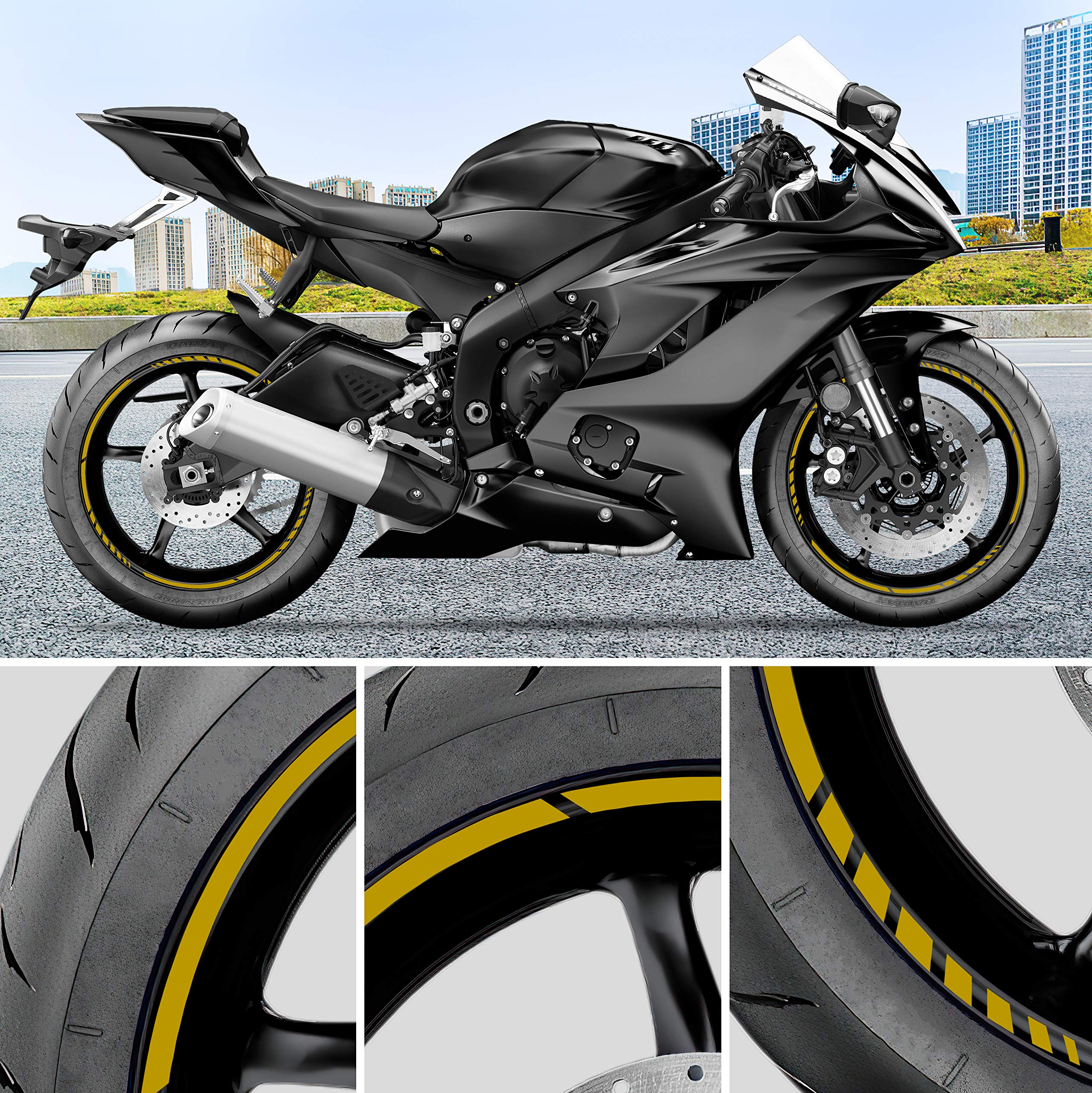 Pack 6 Units Wheel Rim Stickers Desing Sport | Complete set for 2 Motorcycle Wheel Stripes 15" to 19" Resistant Rain and UV | Motorbike Stickers Black