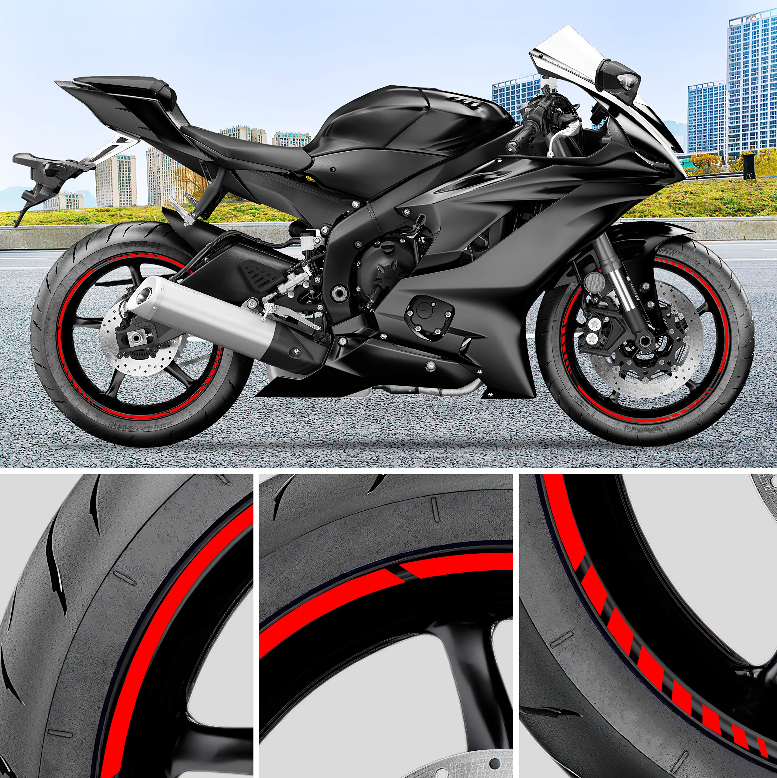 Pack 6 Units Wheel Rim Stickers Desing Sport | Complete set for 2 Motorcycle Wheel Stripes 15" to 19" Resistant Rain and UV | Motorbike Stickers Black