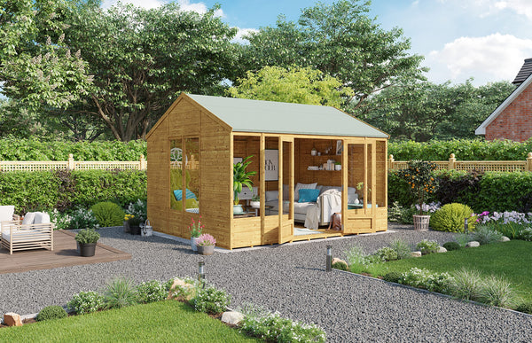 BillyOh Petra 12x10 Reverse Apex Summer House Shed, Log Cabin | Wooden Garden Room with Wide Double Doors, Tear Resistant Felt, Tongue and Groove Construction | Versatile Tiny Home or Garden Office