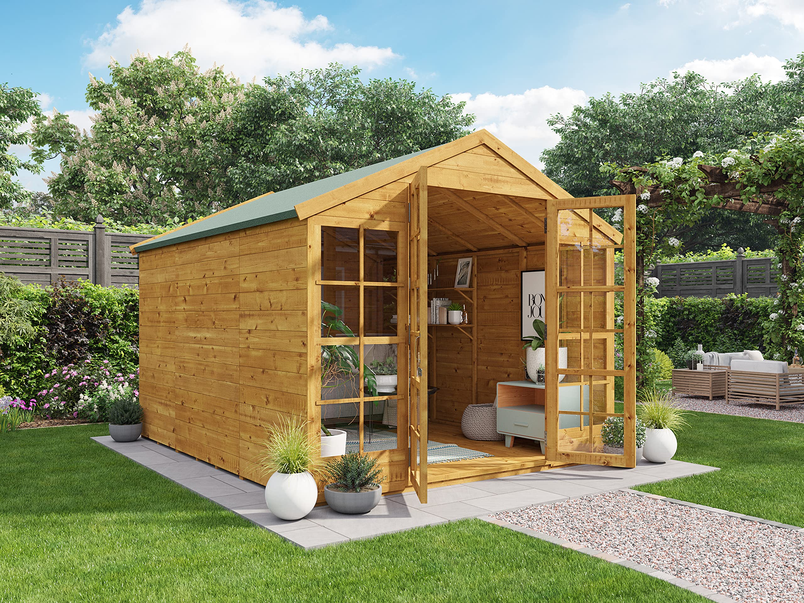 BillyOh Summerhouse Log Cabin 8 x 8 Wooden Garden Storage Shed Summer House Harper Apex Summerhouses (8x8)