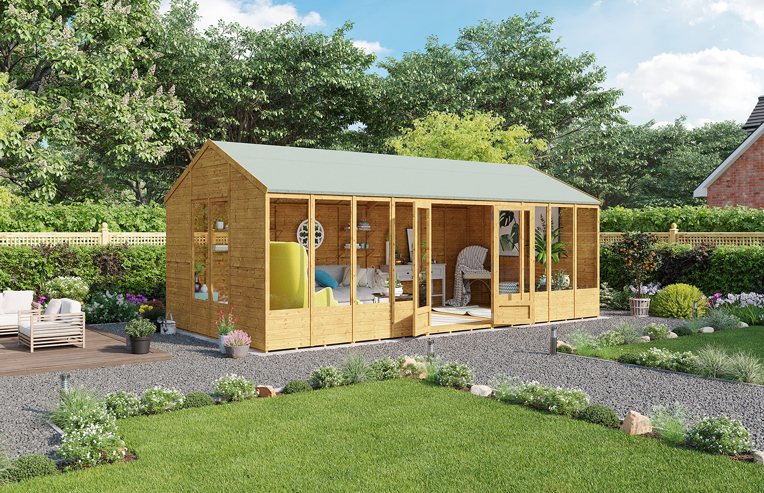 BillyOh Petra 12x10 Reverse Apex Summer House Shed, Log Cabin | Wooden Garden Room with Wide Double Doors, Tear Resistant Felt, Tongue and Groove Construction | Versatile Tiny Home or Garden Office