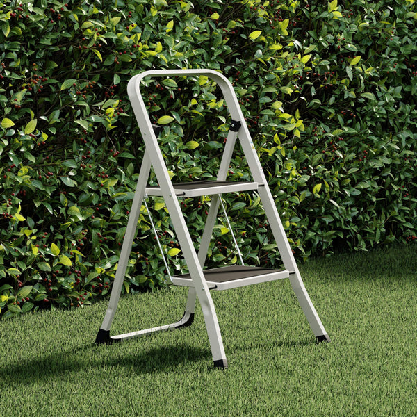 Home Vida 3 Step Ladder - Heavy Duty Steel Folding Ladder with Slip-Resistant and Wide Steps, Folding Mechanism, 150kg Max Load, Home/Kitchen/DIY/Garden Use, White