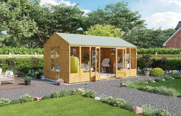BillyOh Petra 12x10 Reverse Apex Summer House Shed, Log Cabin | Wooden Garden Room with Wide Double Doors, Tear Resistant Felt, Tongue and Groove Construction | Versatile Tiny Home or Garden Office