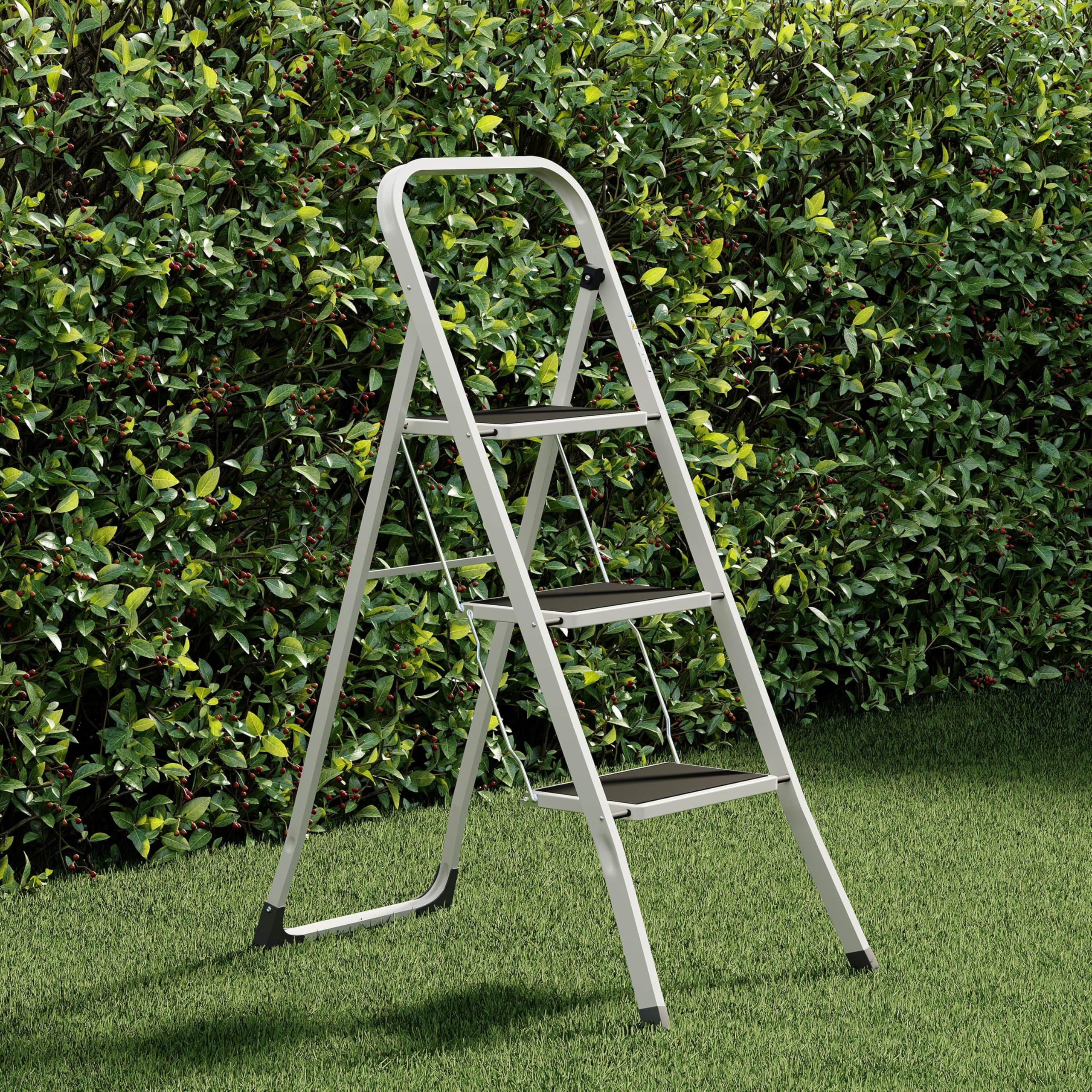 Home Vida 3 Step Ladder - Heavy Duty Steel Folding Ladder with Slip-Resistant and Wide Steps, Folding Mechanism, 150kg Max Load, Home/Kitchen/DIY/Garden Use, White