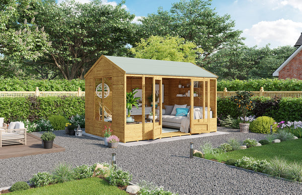 BillyOh Petra 12x10 Reverse Apex Summer House Shed, Log Cabin | Wooden Garden Room with Wide Double Doors, Tear Resistant Felt, Tongue and Groove Construction | Versatile Tiny Home or Garden Office