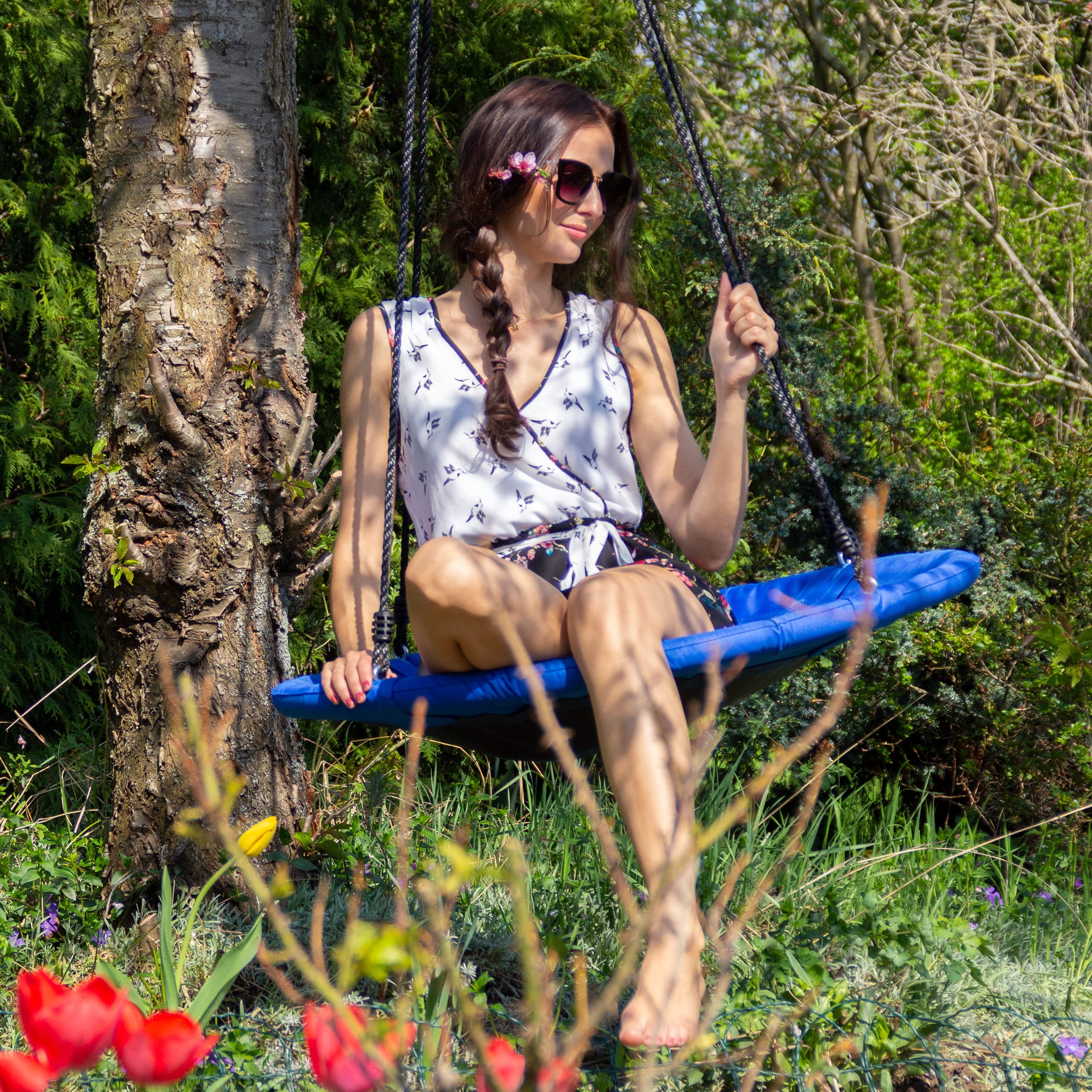 Relaxdays Round Nest Swing, Enclosed Seat, Up to 100 kg, Outdoor, HxWxD: 150 x 110 x 110 cm, Plate Swing, Dark Blue