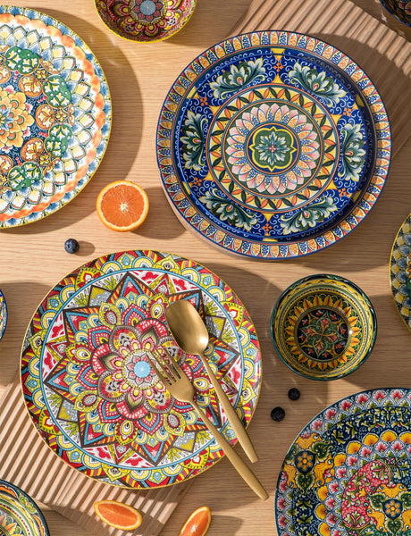Henten Home Plates Set - 10 Inch, Porcelain Large Dinning Round Plates Set of 6, Round Plate for Breakfast/Dessert with Pattern - Bohemian Style