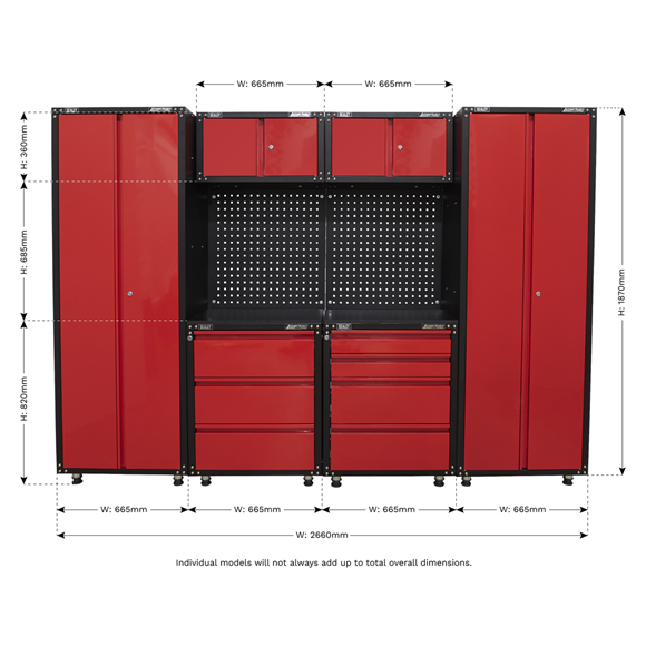 Sealey American Pro APMS80COMBO2 Storage System 2.6m Professional Red & Black Custom Workshop Garage - Worktop / Ball-bearing drawers / cabinets / peg boards / cupboards / locks