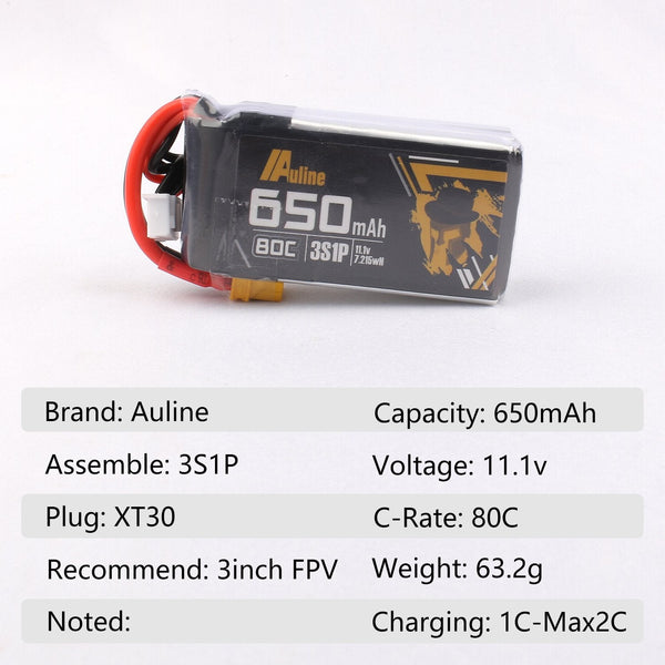 AuLine 650mAh 3S 11.1V 80C XT30 Lipo Battery