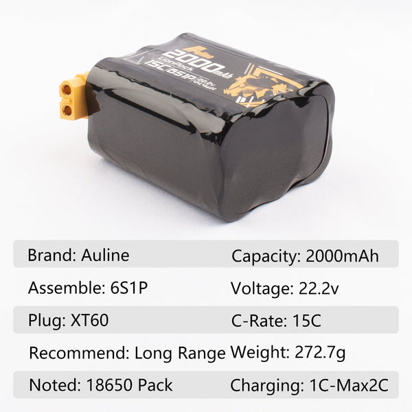 AuLine 2000mAh 6S 22.2V 15C XT60 18650 Li-Ion Battery