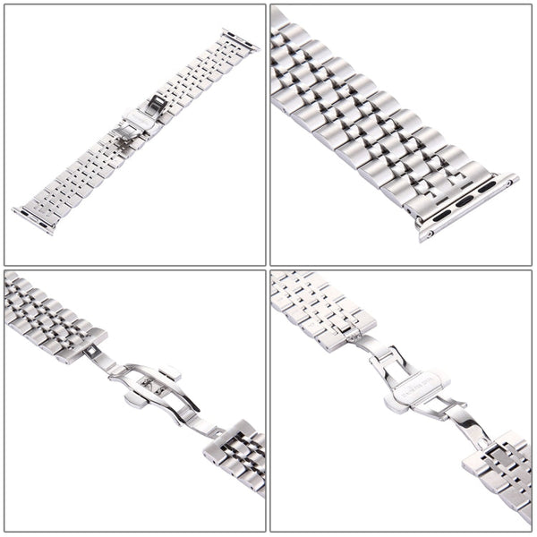 20mm Women Hidden Butterfly Buckle 7 Beads Stainless Steel Watch Band For Apple Watch 38mm(Silver Gold)