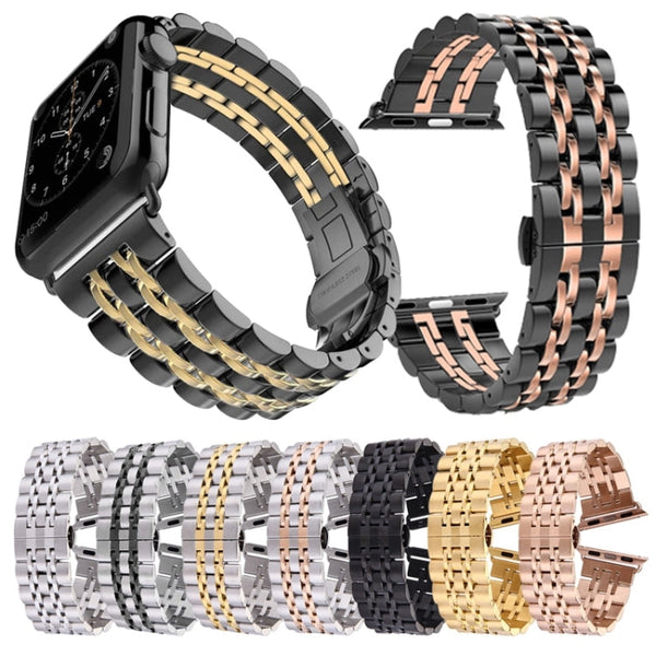 20mm Women Hidden Butterfly Buckle 7 Beads Stainless Steel Watch Band For Apple Watch 38mm(Silver Gold)