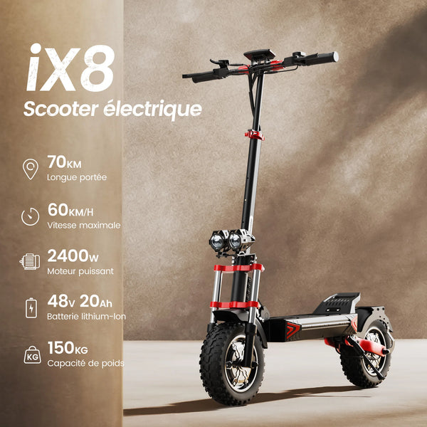iScooter iX8 Electric Scooter 2*1200W Motor 48V 20AH Battery 12-inch Tire Dual Hydraulic Disc Brakes Front & Rear Suspensio