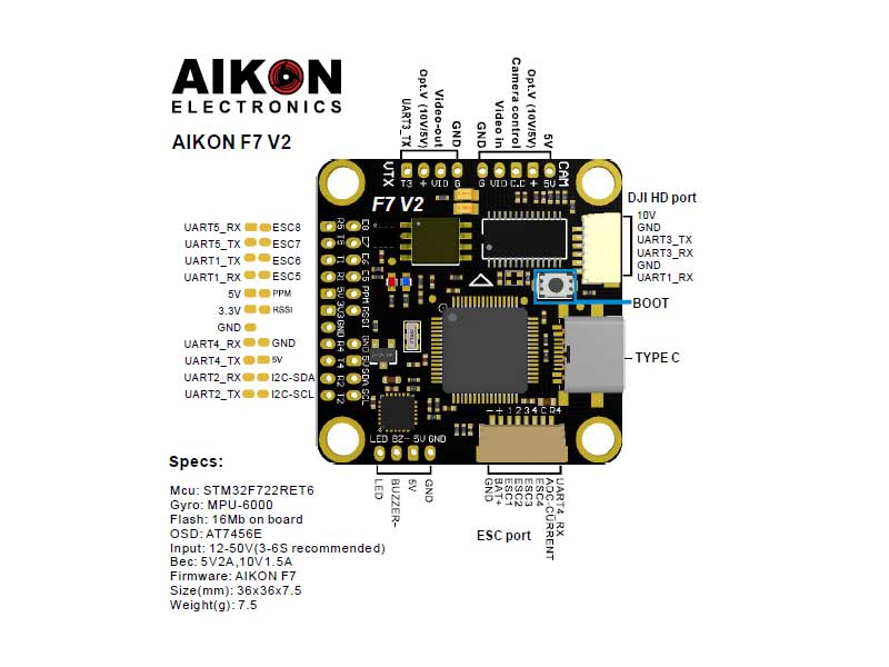Aikon F7 HD V2 30x30 Flight Controller