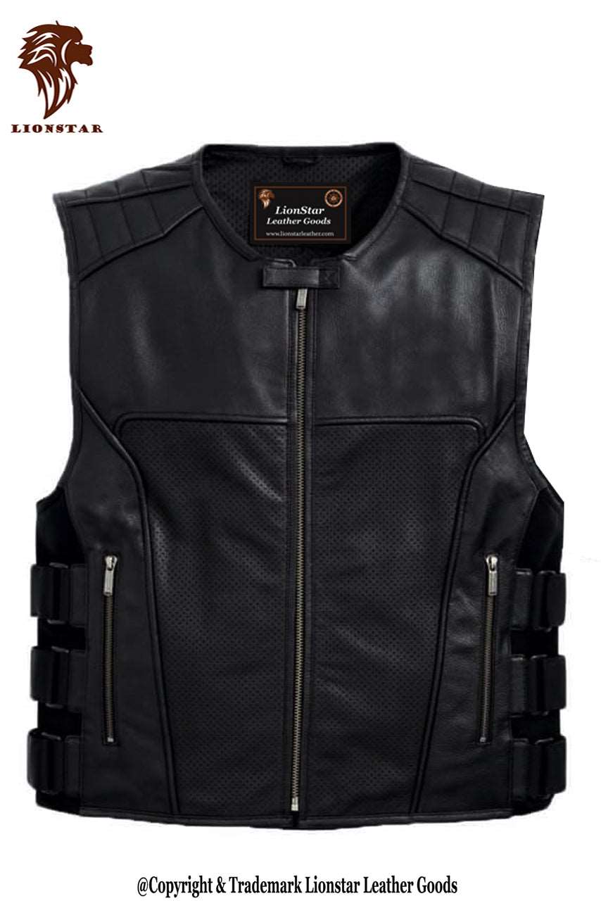 Men's Black Perforated Tactical Leather Biker Vest