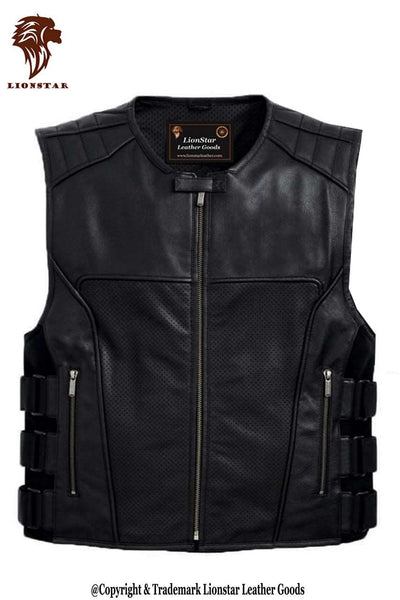 Men's Black Perforated Tactical Leather Biker Vest
