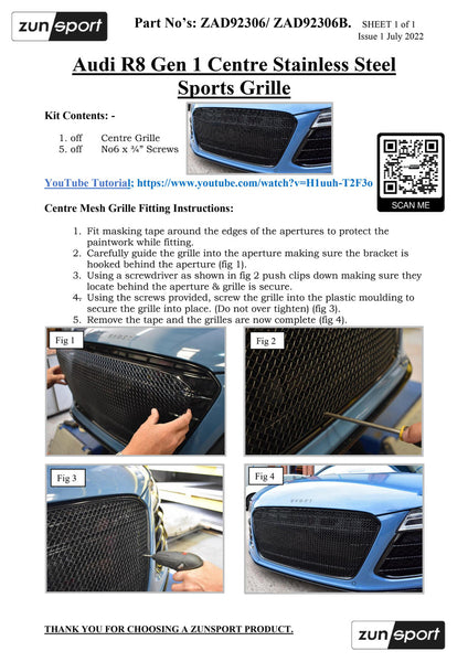 Zunsport Front Bumper Stainless Wire Mesh Black Grille - Audi R8 Gen 1 FACELIFT - Centre Grille - Part Number: ZAD92306B Black Finish